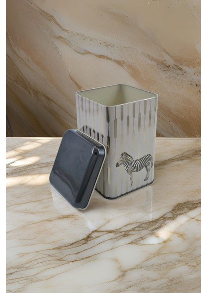 EF022-F5 Safari Zebra Desenli Kare Metal Saklama Kabı 11X11 cm