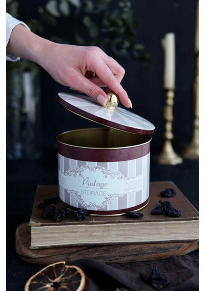 ER145-8B Elegance Burgundy Desenli Yuvarlak Metal Saklama Kabı 17.5 cm