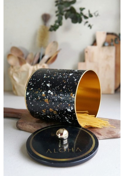 ER143-1H Terrazzo Black Desenli Yuvarlak Metal Saklama Kabı 14 cm