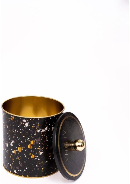 ER143-1H Terrazzo Black Desenli Yuvarlak Metal Saklama Kabı 14 cm modelleri