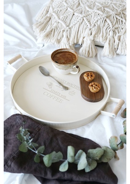 Ahşap Kulplu Yuvarlak Tepsi 29 cm