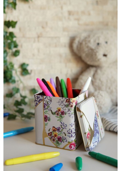 ER024-U5 Kint Sugi Desenli Kare Metal Saklama Kabı 12X12 cm