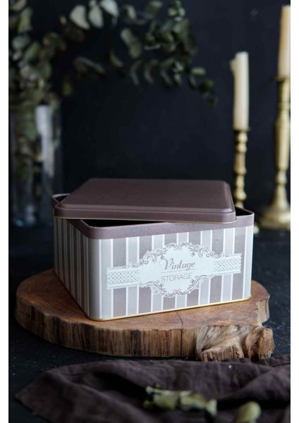 ER028-6B Elegance Coffee Desenli Kare Metal Saklama Kabı 20X20 cm