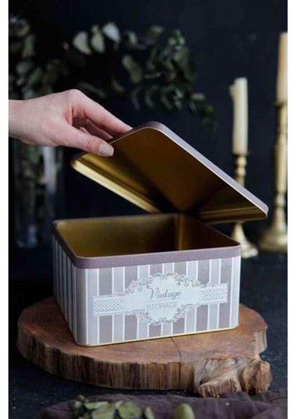 ER028-6B Elegance Coffee Desenli Kare Metal Saklama Kabı 20X20 cm fiyatları