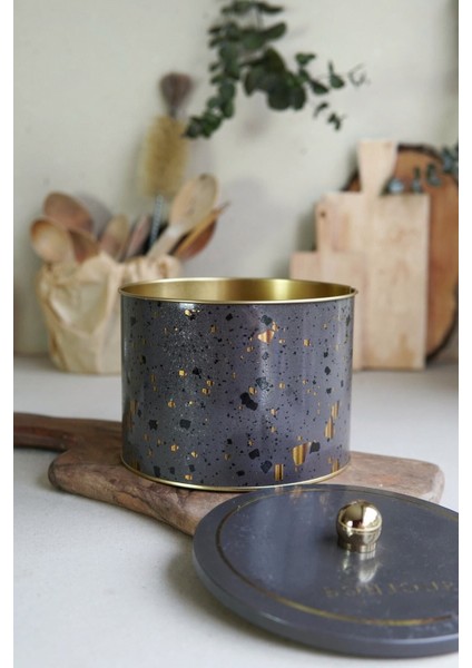 ER145-8G Terrazzo Brown Desenli Yuvarlak Metal Saklama Kabı 17.5 cm