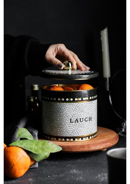 ER142-9B Mosaic Laugh Desenli Yuvarlak Metal Saklama Kabı 14 cm