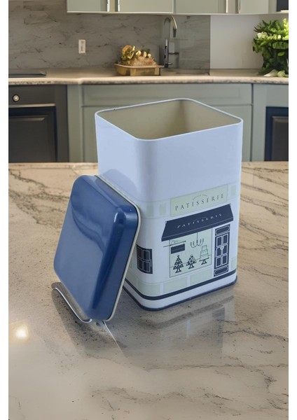 EF022-F8 Patisserie Blue Home Desenli Kare Metal Saklama Kabı 11X11 cm