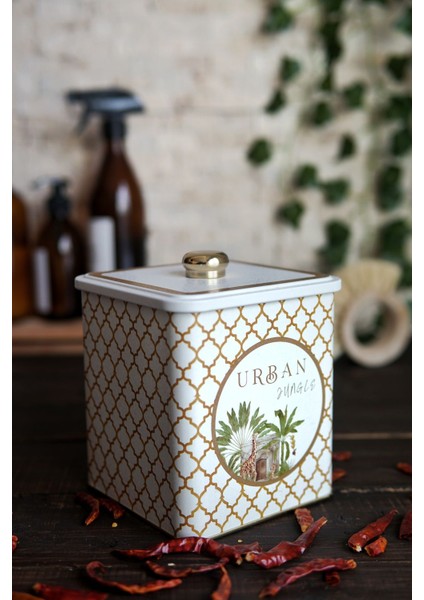 Er023-7ı Forrest Yellow Urban Desenli Kare Metal Saklama Kabı 12x12 Cm