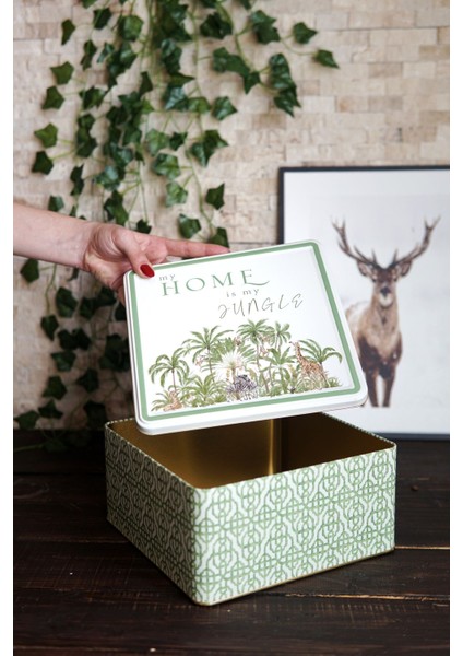 ER029-4G Forrest Green Desenli Kare Metal Saklama Kabı 24X24 cm