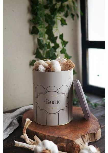 ER188-2M Retro Garlic Desenli Yuvarlak Metal Saklama Kabı 14 cm