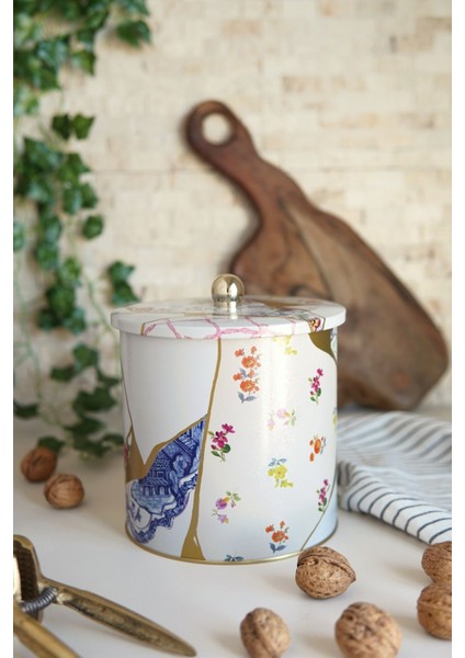 ER147-3I Kint Sugi Rose Desenli Yuvarlak Metal Saklama Kabı 17.5 cm