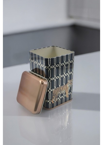 EF022-F3 Safari Tiger Desenli Kare Metal Saklama Kabı 11X11 cm