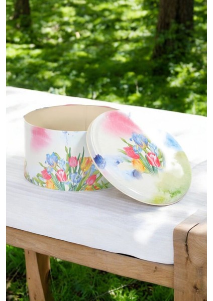 Lale Desenli Yuvarlak Çok Amaçlı Metal Erzak Saklama Kabı 4.6 lt - Çok Renkli