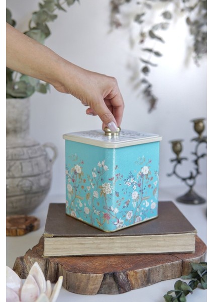 ER023-9F Botanica Blue Desenli Kare Metal Saklama Kabı 12X12 cm