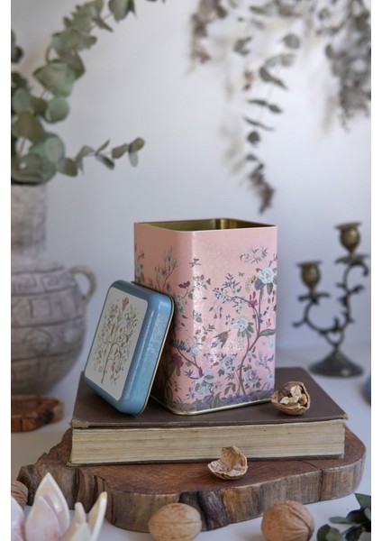 ER022-1G Botanica Pink Desenli Kare Metal Saklama Kabı 11X11 cm
