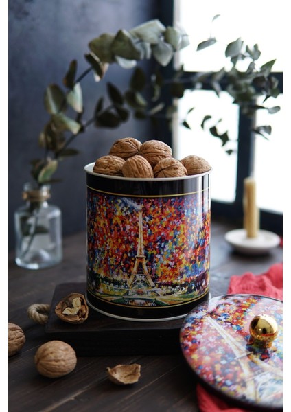 Afremov Desenli Yuvarlak Çok Amaçlı Metal Erzak Saklama Kabı 2.4 lt - Çok Renkli