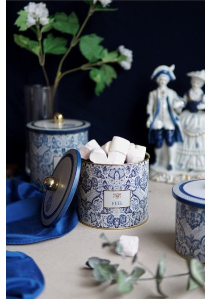 ER142-7E Azulejos Feel Desenli Yuvarlak Metal Saklama Kabı 14 cm