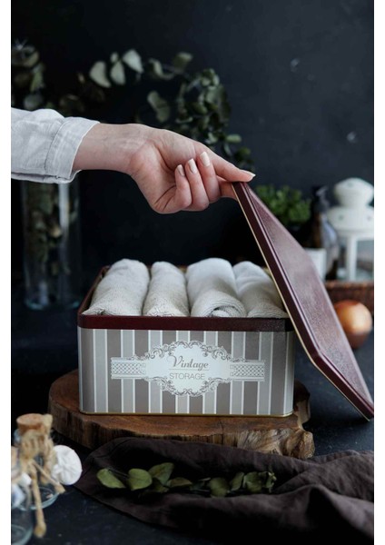 ER029-8B Elegance Burgundy Desenli Kare Metal Saklama Kabı 24X24 cm