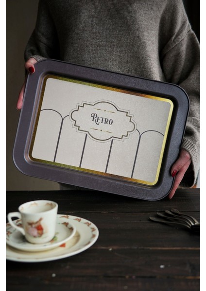 EE169-U6 Retro Desenli Dikdörtgen Tepsi 32X43 cm