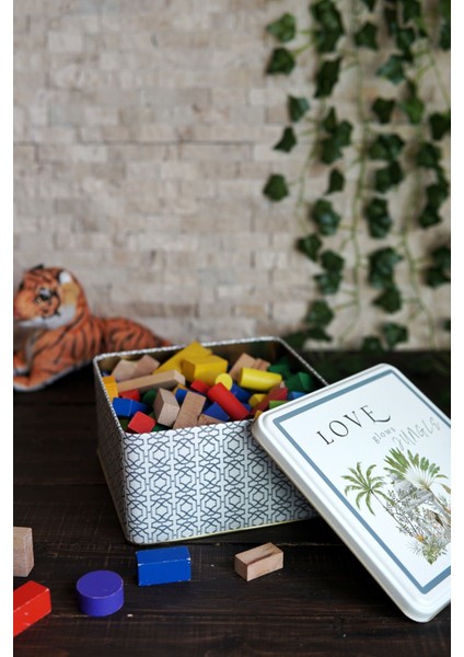 ER028-2G Forrest Grey Desenli Kare Metal Saklama Kabı 20X20 cm