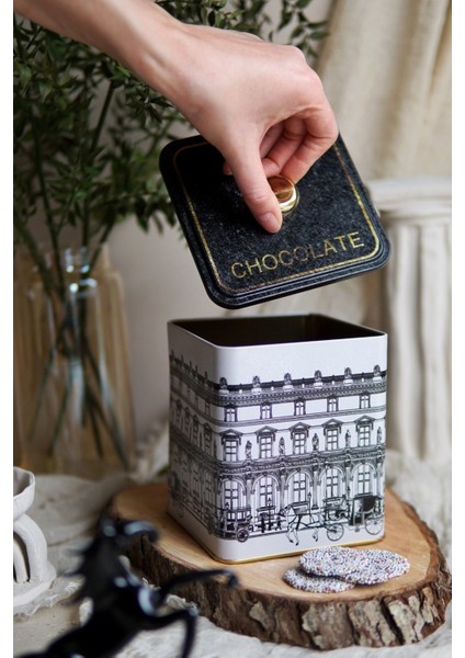 ER023-1J City Chocolate Desenli Kare Metal Saklama Kabı 12X12 cm