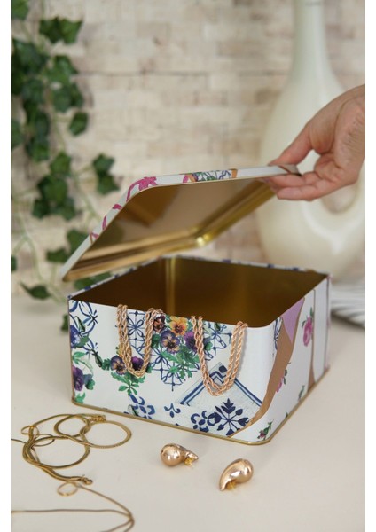 ER028-U5 Kint Sugi Desenli Kare Metal Saklama Kabı 20X20 cm