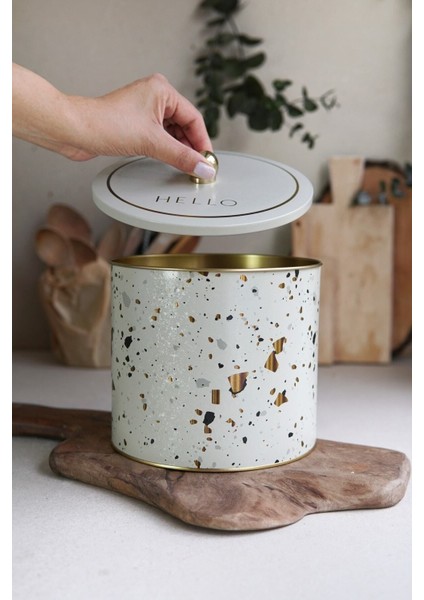 ER146-9G Terrazzo Cream Desenli Yuvarlak Metal Saklama Kabı 17.5 cm