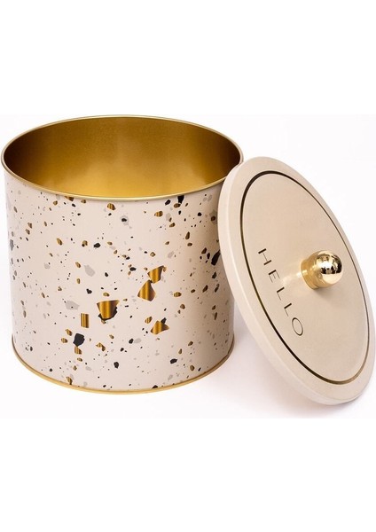 ER146-9G Terrazzo Cream Desenli Yuvarlak Metal Saklama Kabı 17.5 cm modelleri