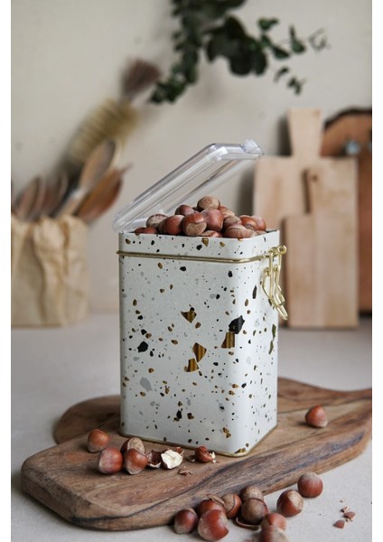 ER043-9G Terrazzo Cream Desenli Dikdörtgen Metal Saklama Kabı 8X10 cm