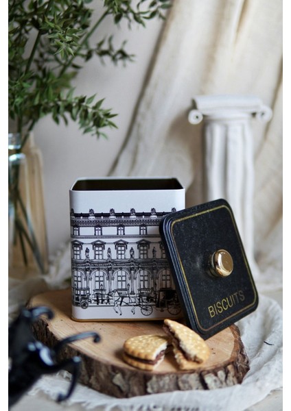ER023-9I City Biscuits Desenli Kare Metal Saklama Kabı 12X12 cm