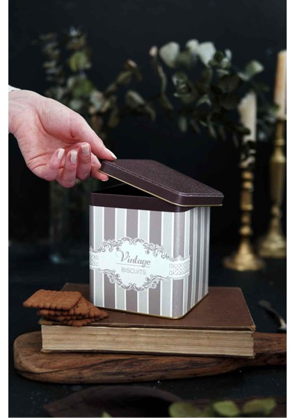 ER024-3J Elegance Biscuits Desenli Kare Metal Saklama Kabı 12X12 cm