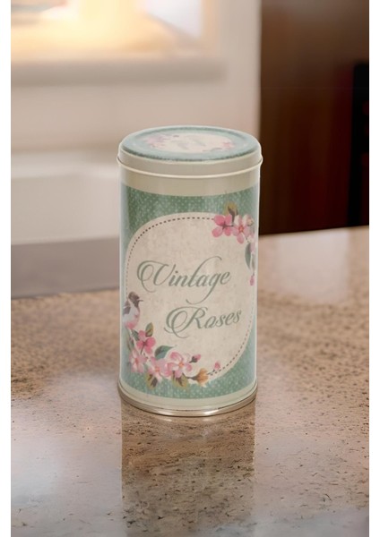 Çiçek Kuş Desenli Metal Erzak Saklama Kabı 1.8 lt - Yeşil