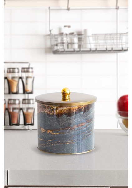 Taş Desenli Yuvarlak Çok Amaçlı Metal Erzak Saklama Kabı 3.9 lt - Siyah