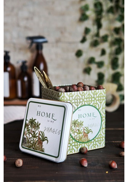 ER024-8I Forrest Green Home Desenli Kare Metal Saklama Kabı 12X12 cm
