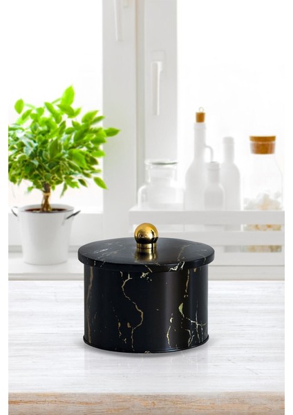 Marble Black Desenli Topuz Kulplu Yuvarlak Metal Kutu, 14 x 10 cm, 1.3 lt