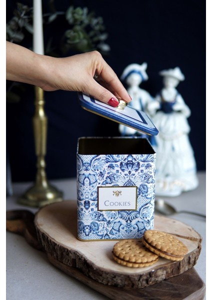 ER023-2I Azulejos Cookies Desenli Kare Metal Saklama Kabı 12X12 cm