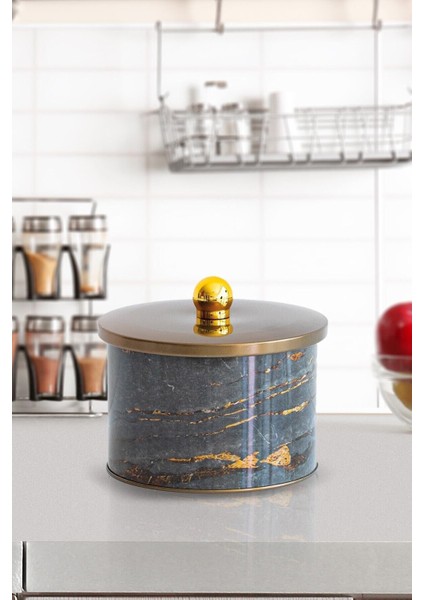 Taş Desenli Yuvarlak Çok Amaçlı Metal Erzak Saklama Kabı 1.7 lt - Siyah