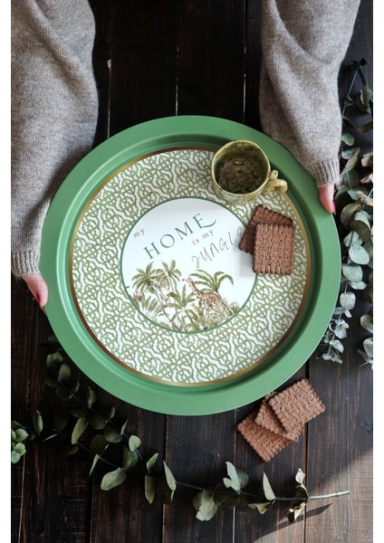 EE163-8I Forrest Green Home Desenli Yuvarlak Tepsi 36 cm