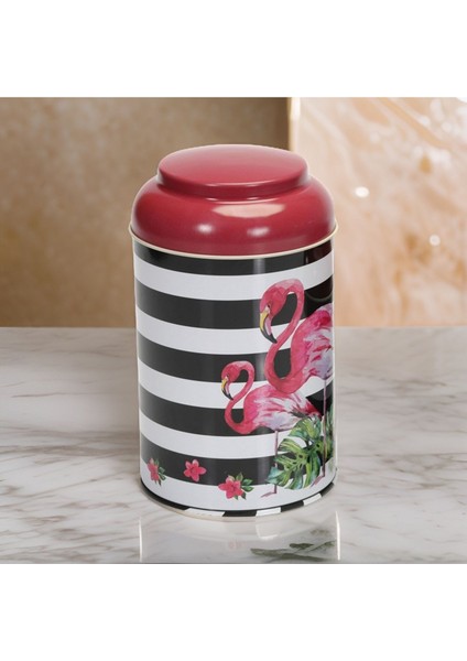 Flamingo Desenli Metal Erzak Saklama Kabı 1.4 lt - Siyah Beyaz