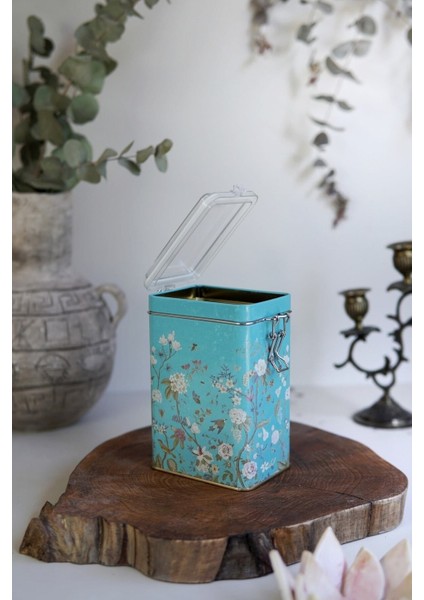 ER043-9F Botanica Blue Desenli Dikdörtgen Metal Saklama Kabı 8X10 cm