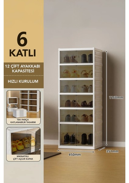 6 Katlı Katlanabilir Ayakkabılık, Modüler Ayakkabı Dolabı, Portatif Düzenleyici, Beyaz
