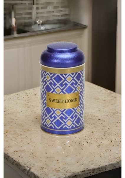 Turkish Blue_Swt Home Desenli Yuvarlak Metal Kutu, 9 x 15 cm, 0.9 lt