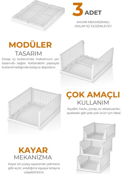 3'lü Modüler Kayar Raflı Dolap Içi Düzenleyici Seti, Antrasit