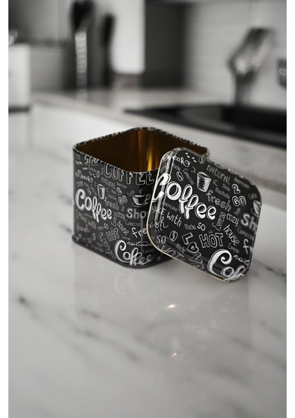 SN_Coffe 2 Go Desenli Metal Kare Kutu, 9 x 9 x 8 cm, 0.6 lt
