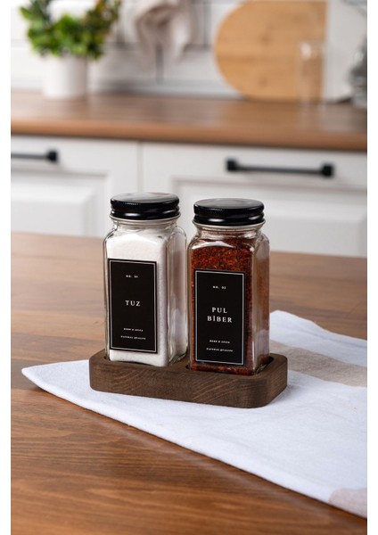 2'li Ahşap Standlı Cam Baharatlık Seti Kapaklı Siyah Etiketli Baharatlık fiyatları