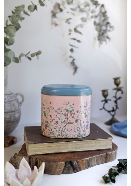 ER004-1G Botanica Pink Desenli Oval Metal Saklama Kabı 11X15 cm