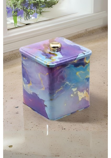 EF023-F0 Liquid Purple Desenli Kare Metal Saklama Kabı 12X12 cm