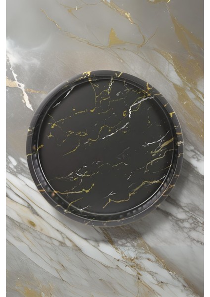 Mermer Desenli 37 cm Yuvarlak Metal Dekoratif Sunum Tepsisi - Siyah