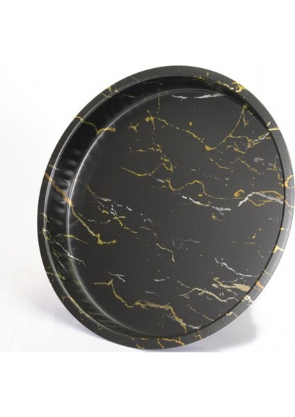 Mermer Desenli 37 cm Yuvarlak Metal Dekoratif Sunum Tepsisi - Siyah fırsatları