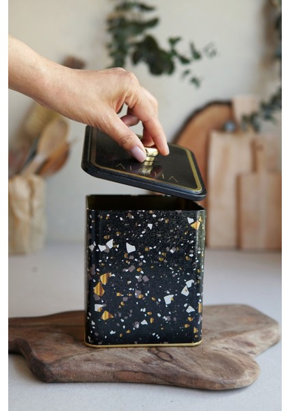 ER023-1H Terrazzo Black Desenli Kare Metal Saklama Kabı 12X12 cm